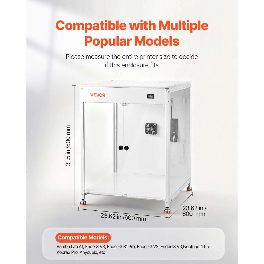 VEVOR Custodia per Stampante 3D 60 x 60 x 80 cm, Custodia Protettiva per Stampante 3D Antipolvere Impermeabile, Illuminazione a LED Ventilazione, compatibile con Bambu Lab, Ender, Neptune, Kobra