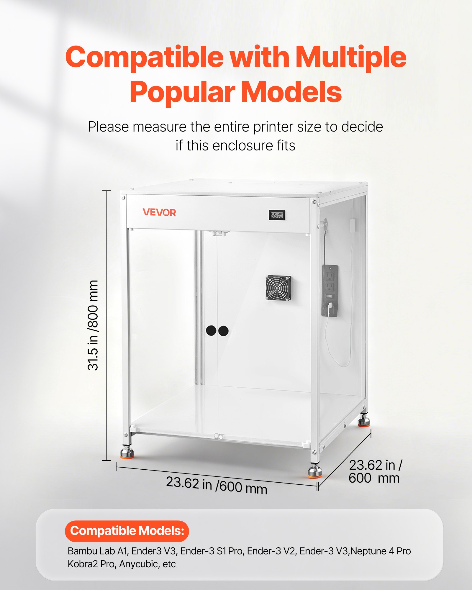 VEVOR Custodia per Stampante 3D 60 x 60 x 80 cm, Custodia Protettiva per Stampante 3D Antipolvere Impermeabile, Illuminazione a LED Ventilazione, compatibile con Bambu Lab, Ender, Neptune, Kobra