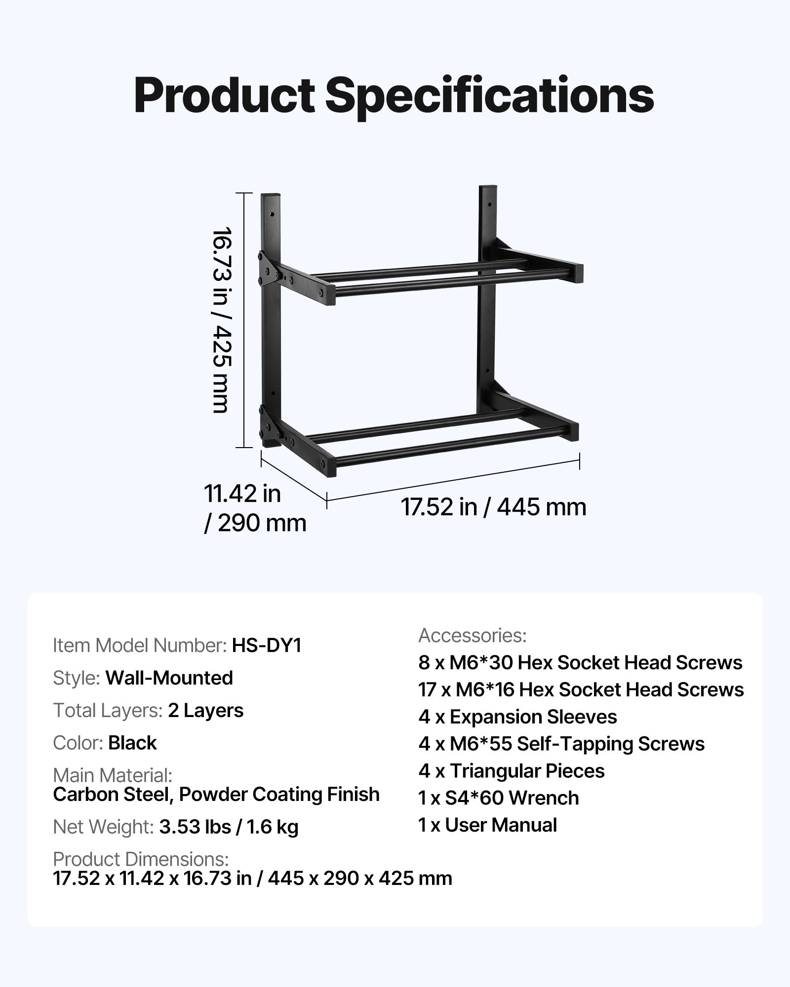 VEVOR Supporto di Stoccaggio per Filamenti 3D da 445 x 290 x 425 mm Ripiano per Filamento per Stampante 3D a Parete a 2 Livelli con Ruote, Filamenti Organizzati per Ufficio e Officina, Nero