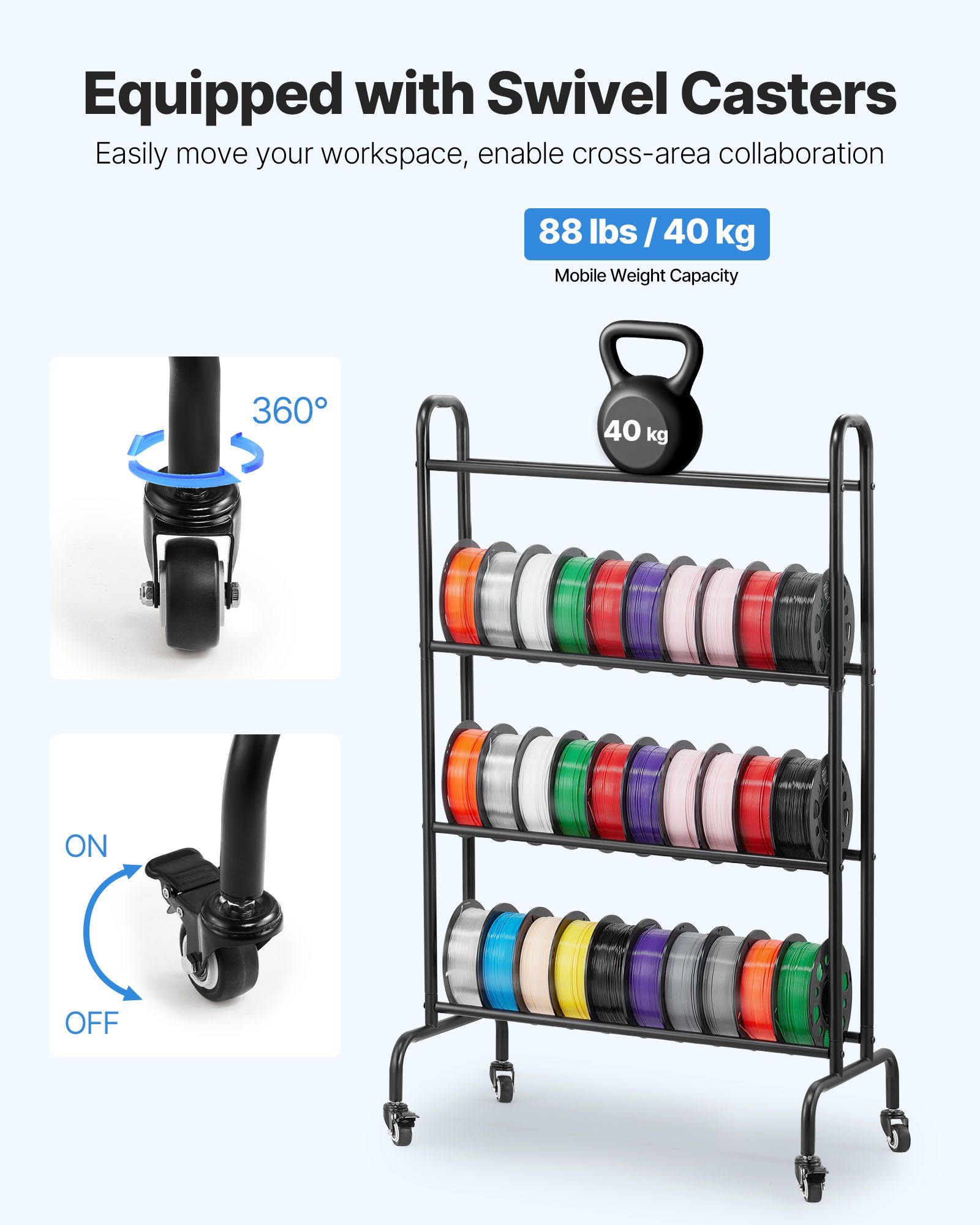 VEVOR Supporto di Stoccaggio per Filamenti 3D da 750 x 455 x 1230 mm Ripiano per Filamento per Stampante 3D a 4 Livelli con Ruote, Filamenti Organizzati per Ufficio e Officina, Nero