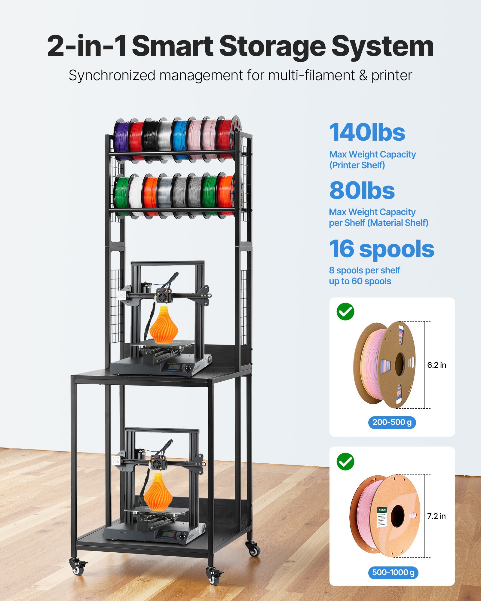 VEVOR 3D Printer Filament Storage Rack, 4-Tier 3D Printer Stand with Filament Storage, Spools Holder Racks Cart with Wheels, Filaments Organzied for 3D Printing Station, Office, Workshop (Shelf Only)