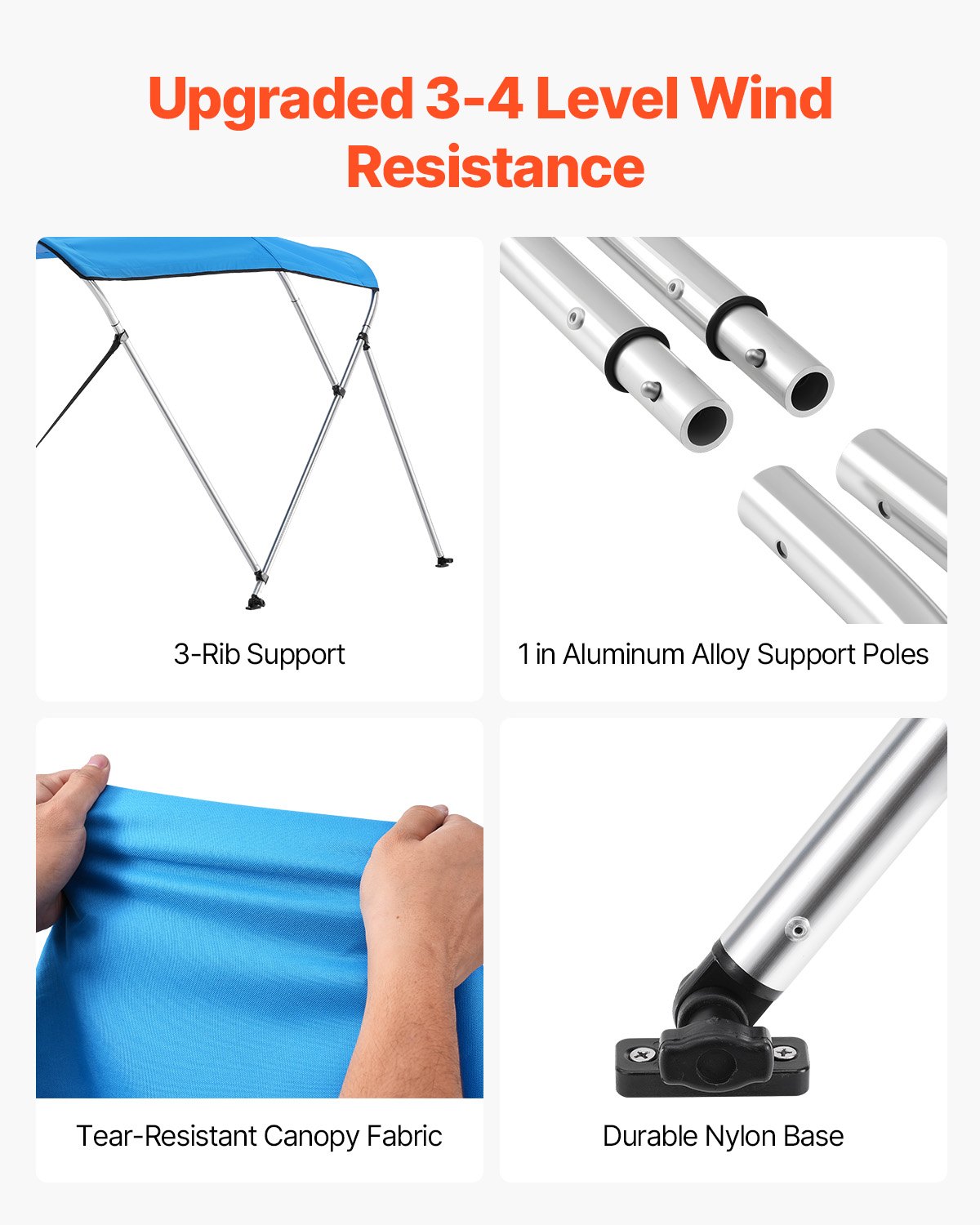 VEVOR Tendalino per Barca a 3 Archi, Poliestere 600D con Telaio in Lega di Alluminio, Tendalino per Barca Impermeabile e Parasole, 2 Pali di Supporto, 4 Cinghie, Larghezza 137 a 152 cm Blu Pacifico