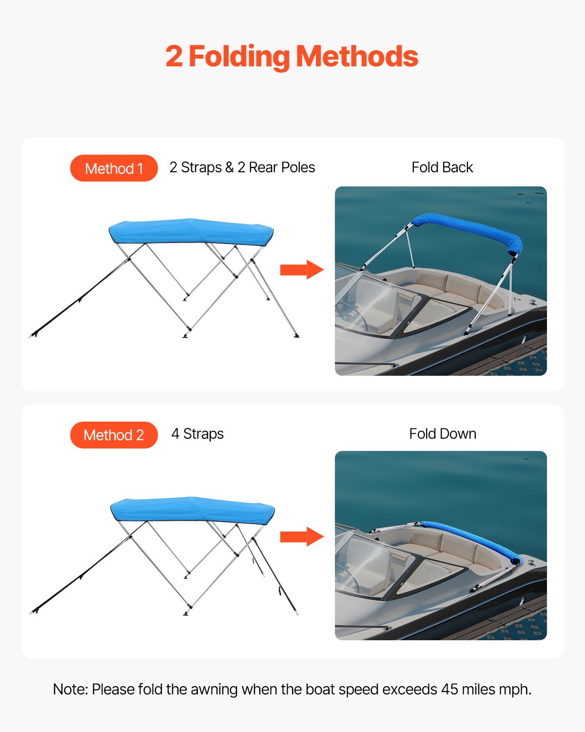 VEVOR Bimini Top Boat Cover Sunshade (3 arches) made of 600D polyester with aluminum alloy frame, waterproof sunshade boat awning with storage bag, 137-152 cm (W) Blue