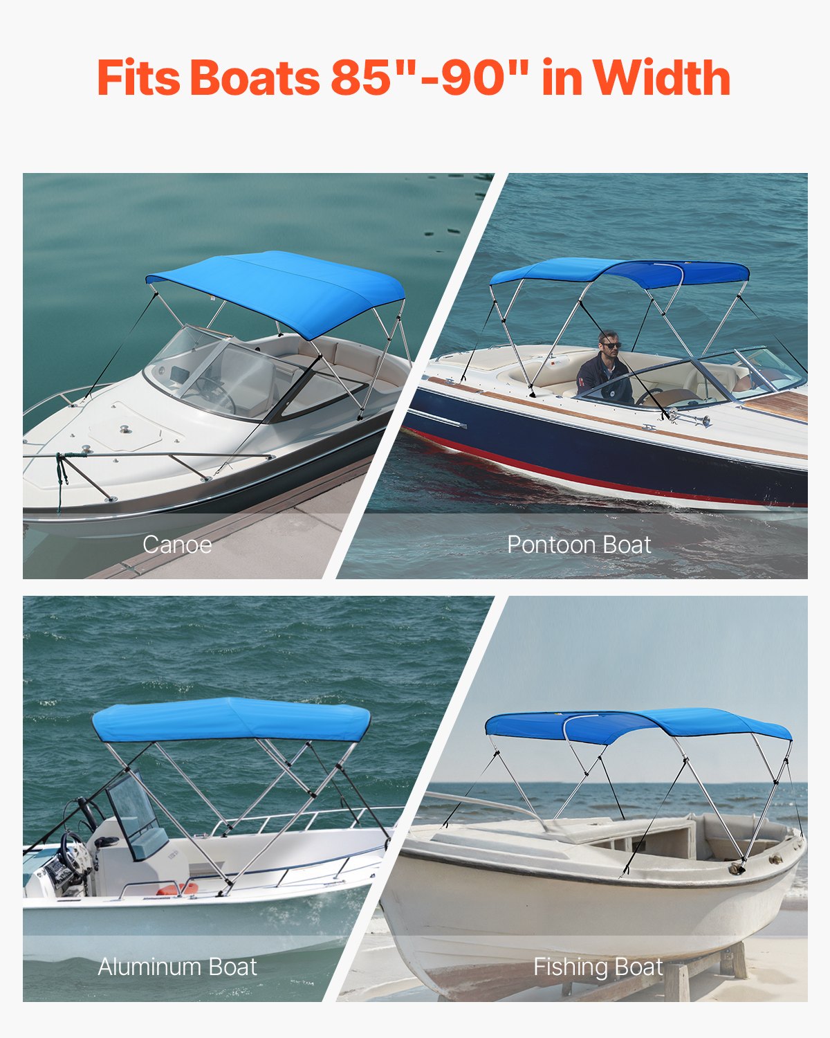 VEVOR Bimini Top Boat Cover Sunshade (3 arches) made of 600D polyester with aluminum alloy frame, waterproof sunshade boat awning with storage bag, 216-229 cm (W) Blue