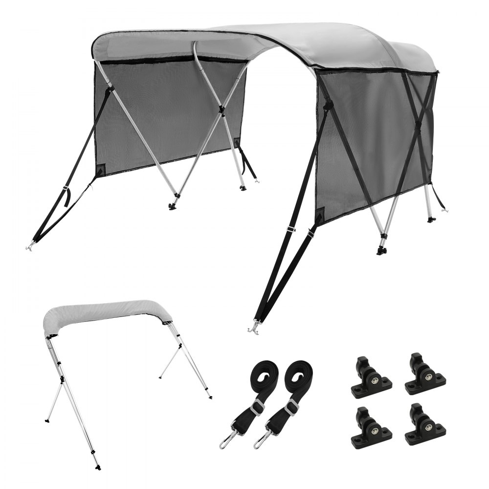 VEVOR Copertura per barca bimini top a 3 archi tettoia in poliestere 600D con telaio in lega di alluminio 1", 2 pali di supporto, 2 cinghie, 6'L x 46"H x 79"-84"W, grigio chiaro