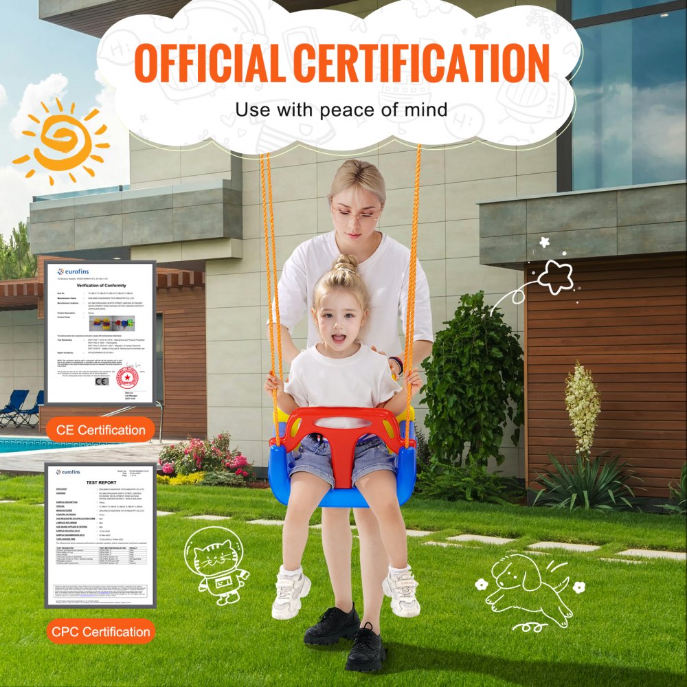 VEVOR 3-in-1 Toddler Swing Seat, Baby Swing Seat with a Weight Capacity of up to 90 kg, with Adjustable Ropes and Carabiner Hooks, Comfortable and Safe Detachable Swing Seat for Toddlers to Teenagers, for Outdoor and Indoor Use