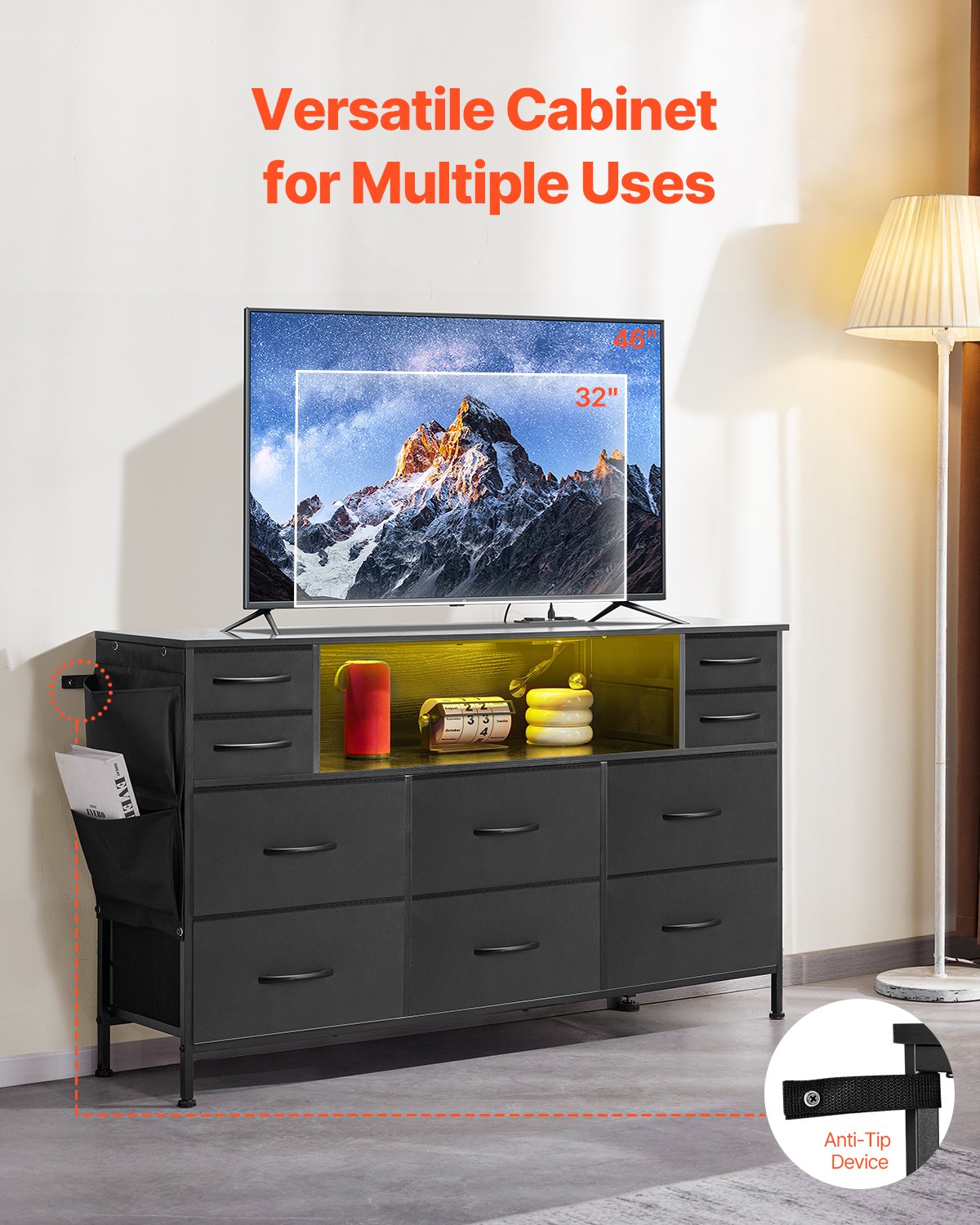 VEVOR Chest of Drawers (Fabric) with 10 Drawers, Storage Cabinet, Wardrobe Drawers with Open Storage Shelf, LED Lights & Integrated Power Outlet, Storage Tower for Bedroom, Hallway, Closet, Black