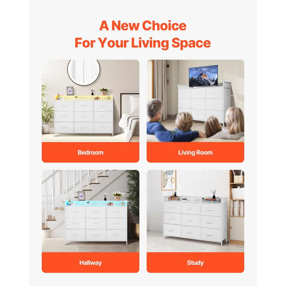 VEVOR Cassettiera con 9 Cassetti, Cassettiera Alta con Contenitore in Tessuto, Cassetti Portaoggetti per Armadio Robusta Struttura in Metallo, Luci a LED e Presa Integrata, per Camera da Letto, Bianco