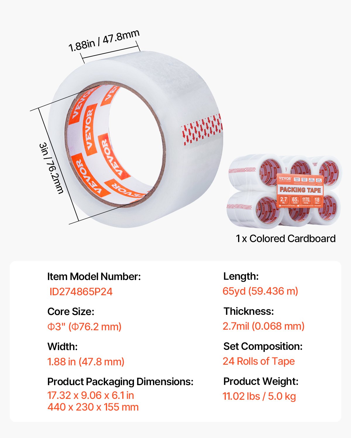 VEVOR Nastro da Imballaggio Trasparente, Anima 76,2 mm 18 Rotoli, 47,8 mm x 65 Iarde, Nastro da Imballaggio Spesso 0,068 mm Nastro da Imballaggio Resistente per Traslochi, Stoccaggio e Imballaggio