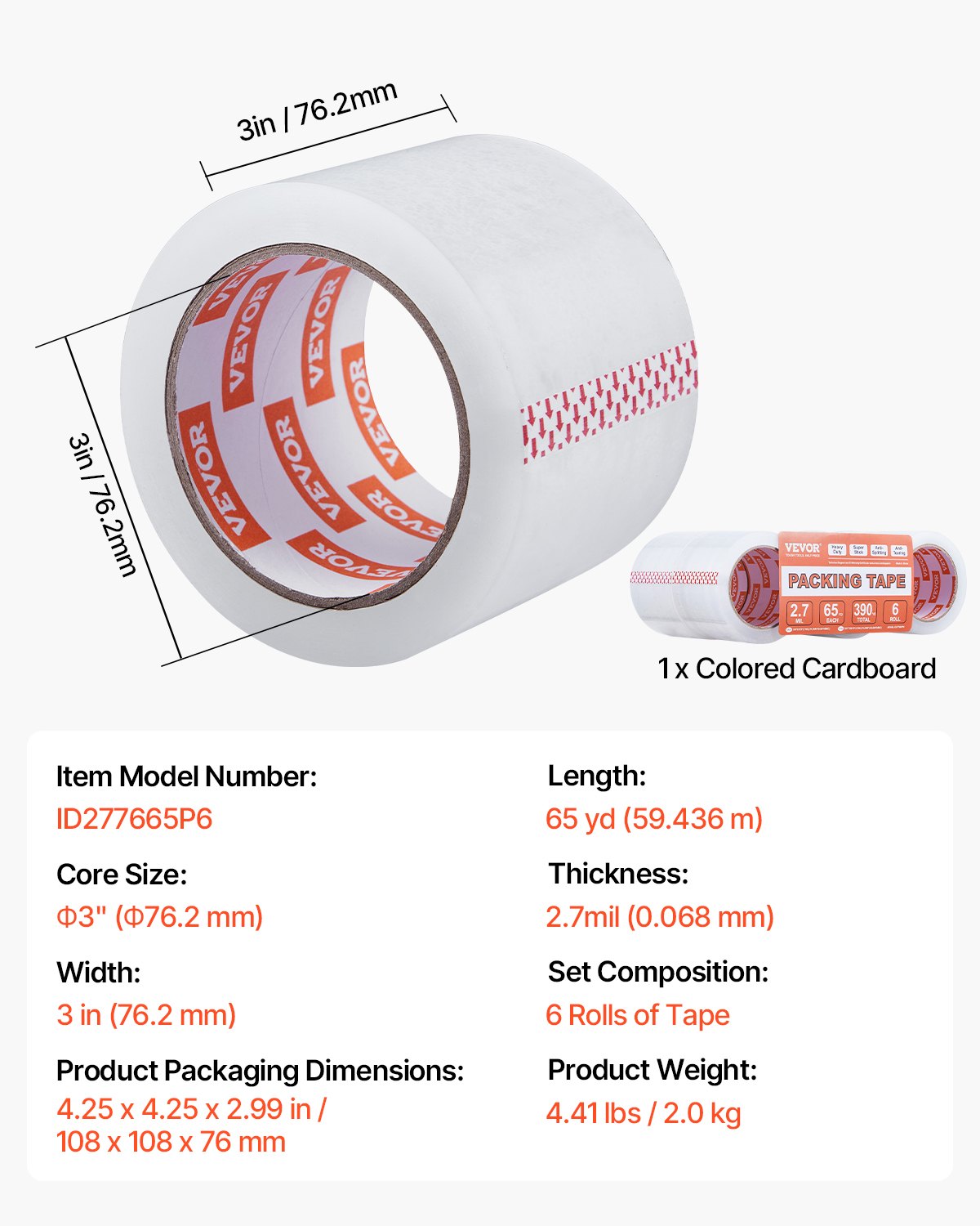 VEVOR Nastro da Imballaggio Trasparente, Anima 76,2 mm 6 Rotoli, 76,2 mm x 65 Iarde, Nastro da Imballaggio Spesso 0,068 mm Nastro da Imballaggio Resistente per Traslochi, Stoccaggio e Imballaggio