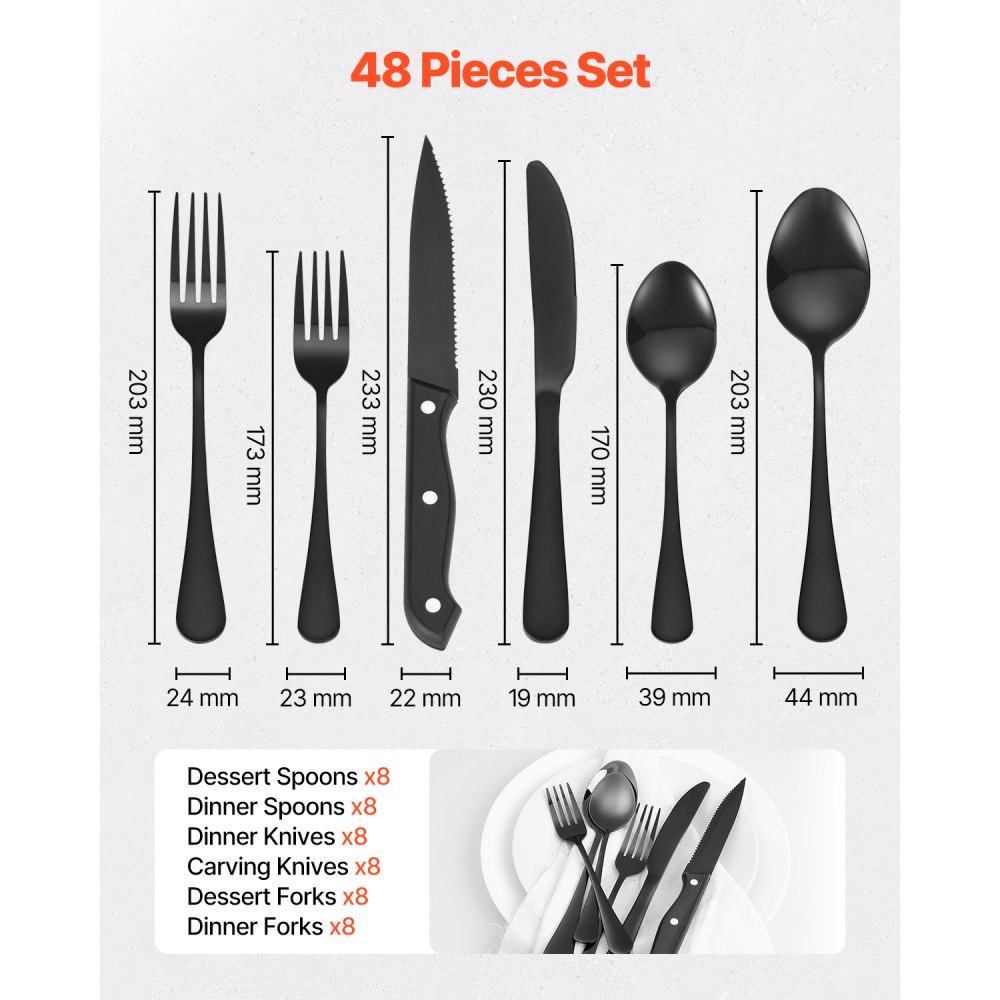 VEVOR Set di Posate in Acciaio Inossidabile per Uso Alimentare, Set Posate Altamente Lucide, Stoviglie in Lavastoviglie, Servizio 8 Persone, Coltello Forchetta Cucchiaio 48 Pezzi in Nero