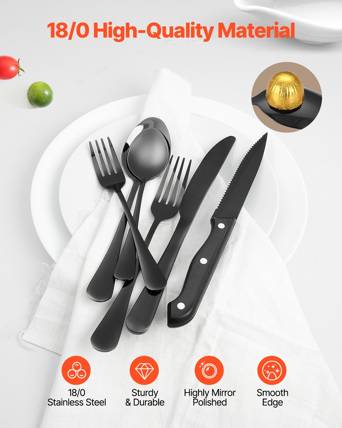 VEVOR Set di Posate in Acciaio Inossidabile per Uso Alimentare, Set Posate Altamente Lucide, Stoviglie in Lavastoviglie, Servizio 8 Persone, Coltello Forchetta Cucchiaio 48 Pezzi in Nero