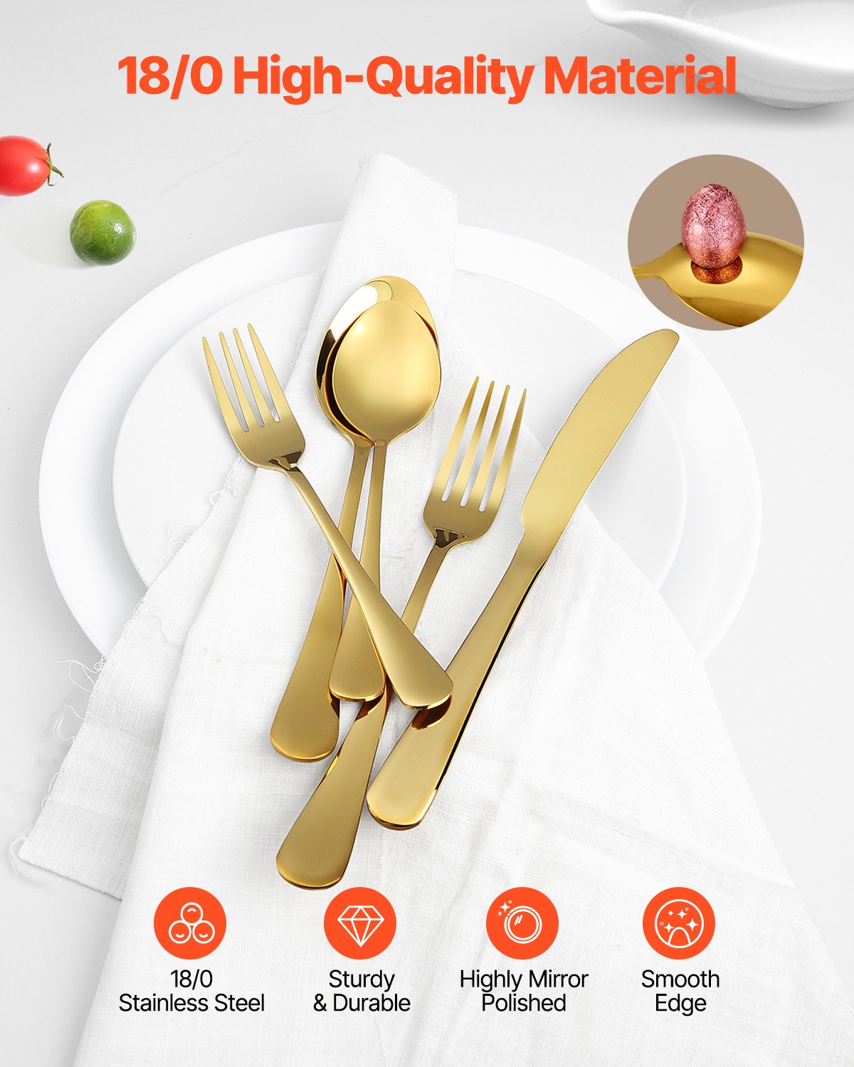 VEVOR Set di Posate in Acciaio Inossidabile per Uso Alimentare, Set Posate Altamente Lucide, Stoviglie in Lavastoviglie, Servizio 12 Persone, Coltello Forchetta Cucchiaio 60 Pezzi in Oro