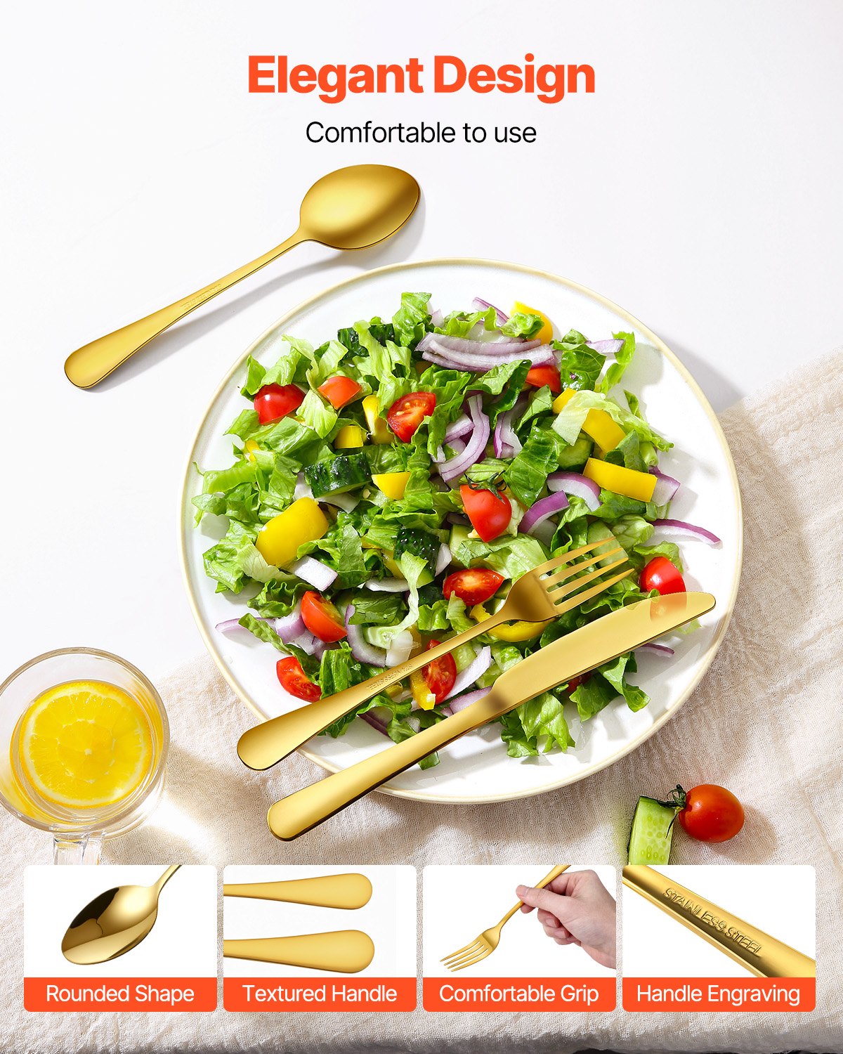 VEVOR Set di Posate in Acciaio Inossidabile per Uso Alimentare, Set Posate Altamente Lucide, Stoviglie in Lavastoviglie, Servizio 12 Persone, Coltello Forchetta Cucchiaio 60 Pezzi in Oro