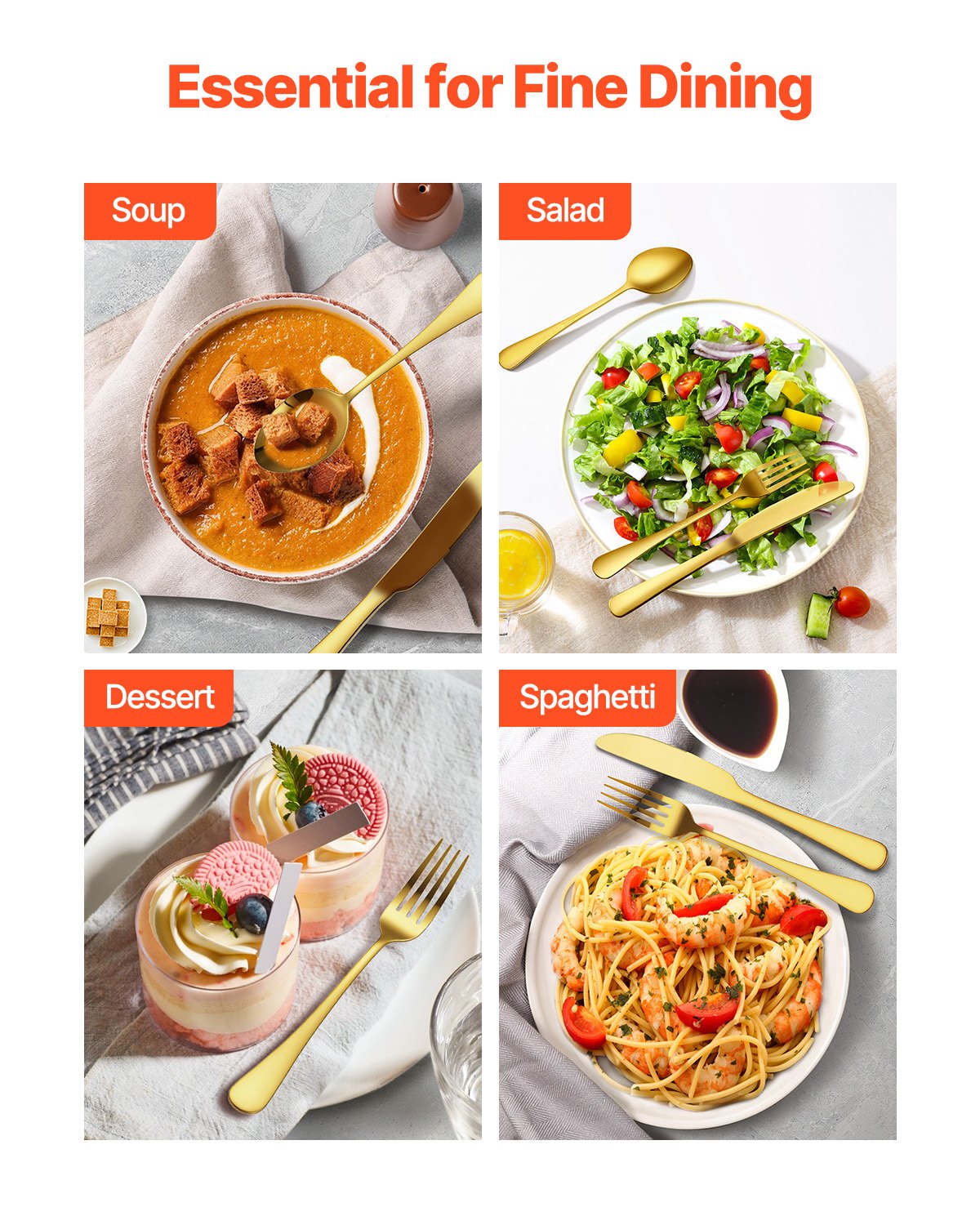 VEVOR Set di Posate in Acciaio Inossidabile per Uso Alimentare, Set Posate Altamente Lucide, Stoviglie in Lavastoviglie, Servizio 12 Persone, Coltello Forchetta Cucchiaio 60 Pezzi in Oro