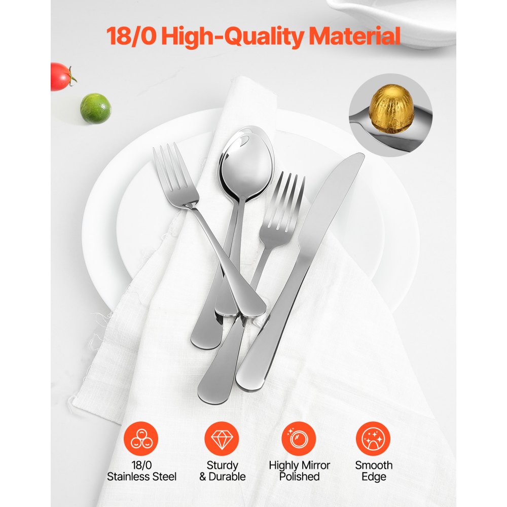 VEVOR Set di Posate in Acciaio Inox per Uso Alimentare, Set di Posate Altamente Lucide, Stoviglie in Lavastoviglie, Servizio 6 Persone, Include Coltello Forchetta Cucchiaio 30 Pezzi 1,27 kg