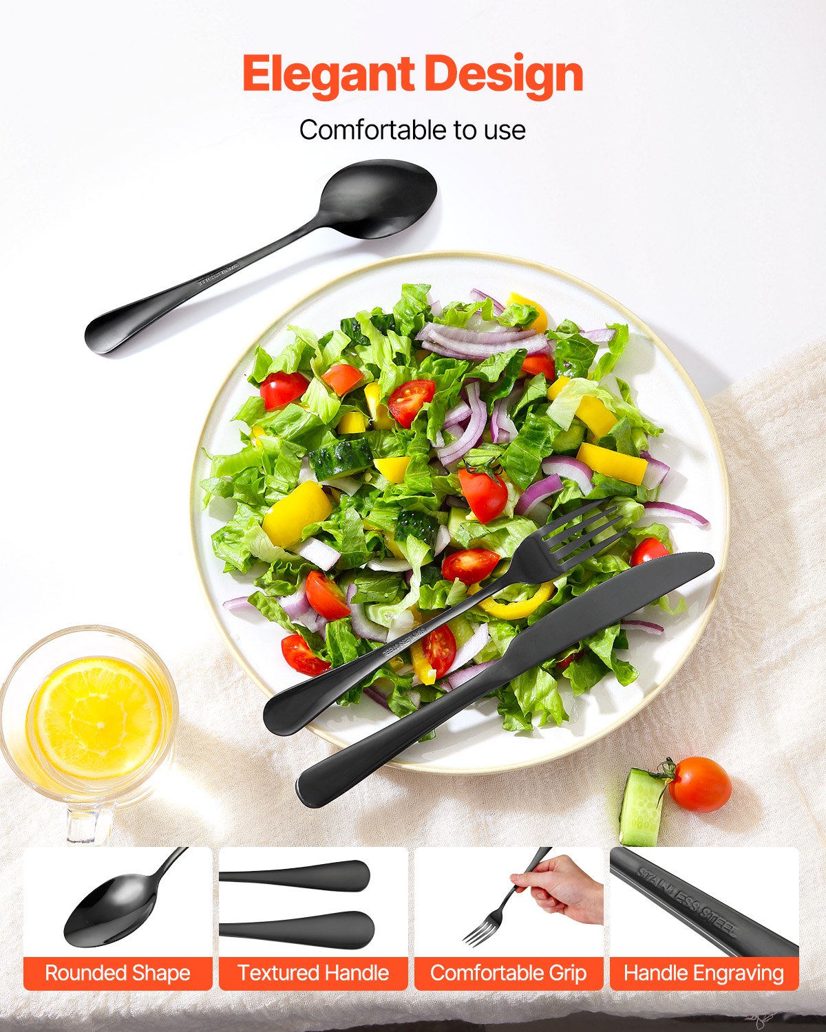 VEVOR Set di Posate in Acciaio Inossidabile per Uso Alimentare, Set Posate Altamente Lucide, Stoviglie in Lavastoviglie, Servizio 8 Persone, Coltello Forchetta Cucchiaio 30 Pezzi in Nero