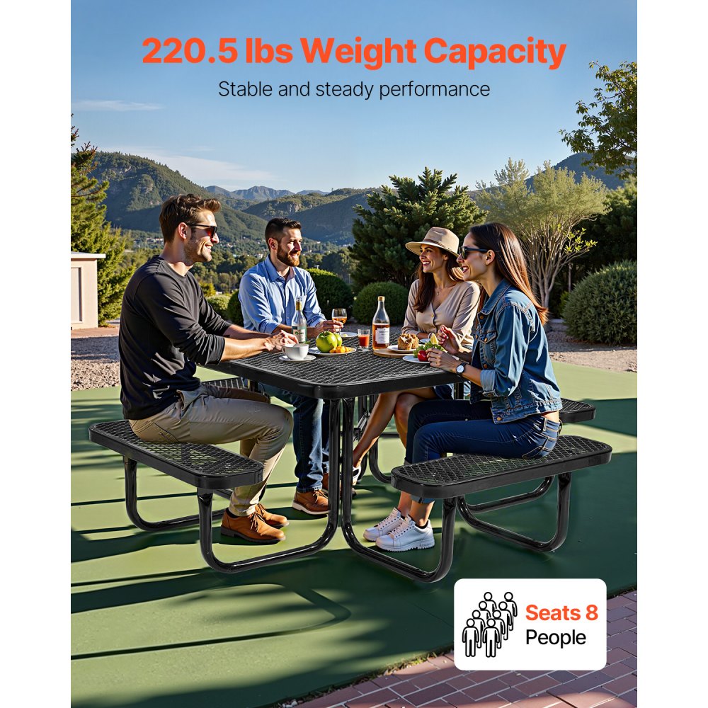 VEVOR Tavolo da Picnic da 1160 mm, Set di Mobili da Pranzo per Patio Resistente alle Intemperie, Tavoli in Acciaio Rivestito per Impieghi Gravosi con Foro per Ombrellone, per Giardino, Cortile, Nero