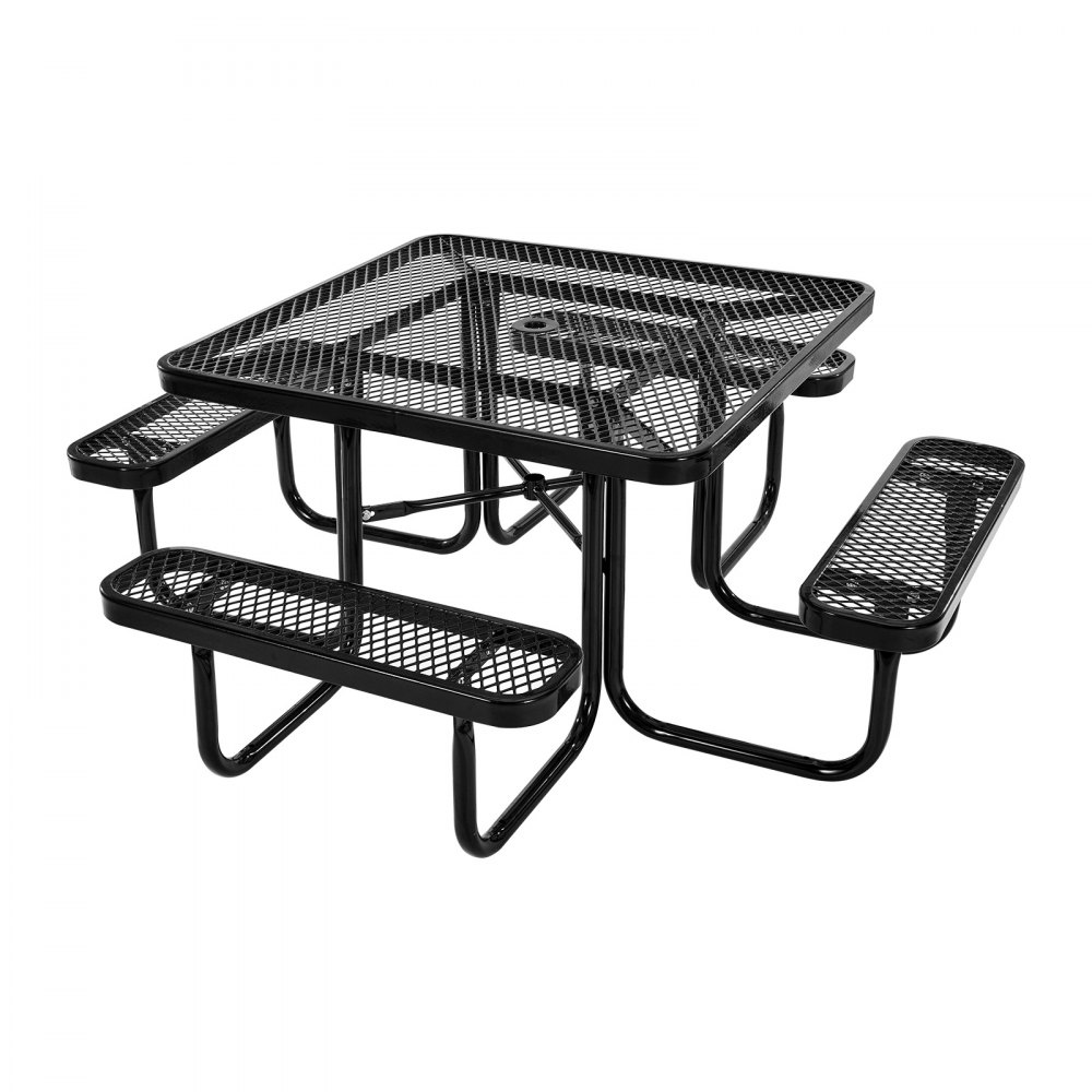 VEVOR Tavolo da Picnic da 1160 mm, Set di Mobili da Pranzo per Patio Resistente alle Intemperie, Tavoli in Acciaio Rivestito per Impieghi Gravosi con Foro per Ombrellone, per Giardino, Cortile, Nero