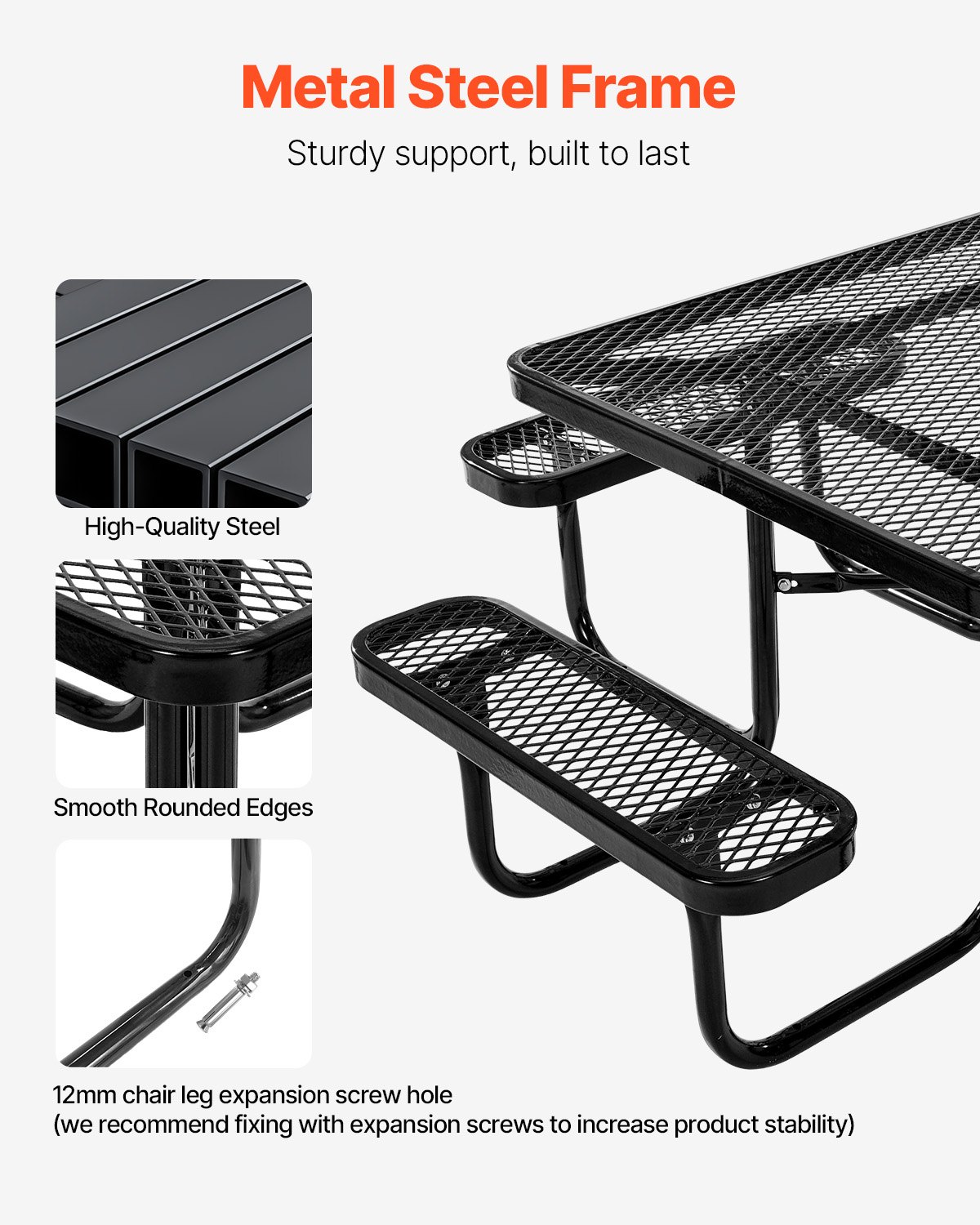 VEVOR Picnic Table (square) with 4 Benches, Weatherproof Garden Furniture Set for Patio, Coated Steel Tables with Parasol Hole, Garden Set for Backyard Porch (black)