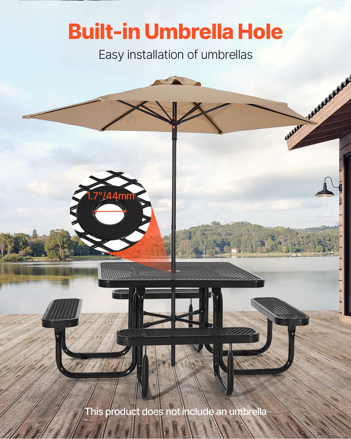 VEVOR Picnic Table (square) with 4 Benches, Weatherproof Garden Furniture Set for Patio, Coated Steel Tables with Parasol Hole, Garden Set for Backyard Porch (black)