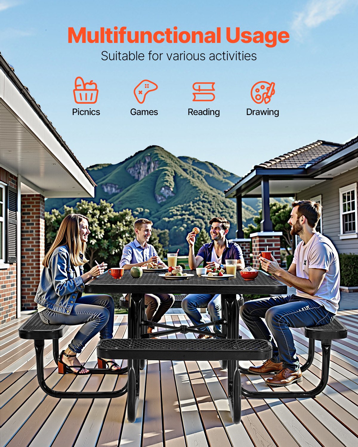 VEVOR Picnic Table (square) with 4 Benches, Weatherproof Garden Furniture Set for Patio, Coated Steel Tables with Parasol Hole, Garden Set for Backyard Porch (black)