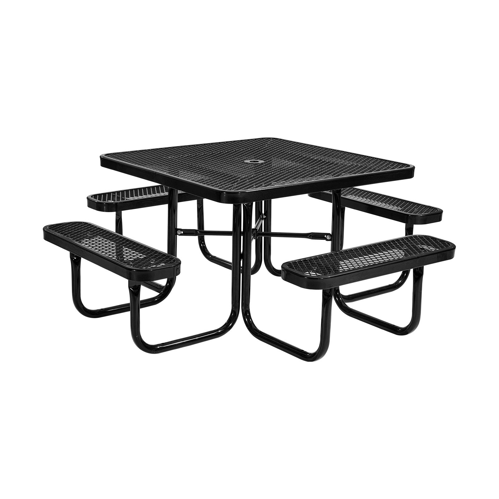 VEVOR Picnic Table (square) with 4 Benches, Weatherproof Garden Furniture Set for Patio, Coated Steel Tables with Parasol Hole, Garden Set for Backyard Porch (black)