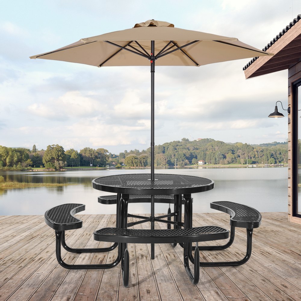 VEVOR Picnic Table (Round) with 4 Benches, Weatherproof Garden Furniture Set for Patio, Coated Steel Tables with Parasol Hole, Garden Set for Backyard Porch (Black)