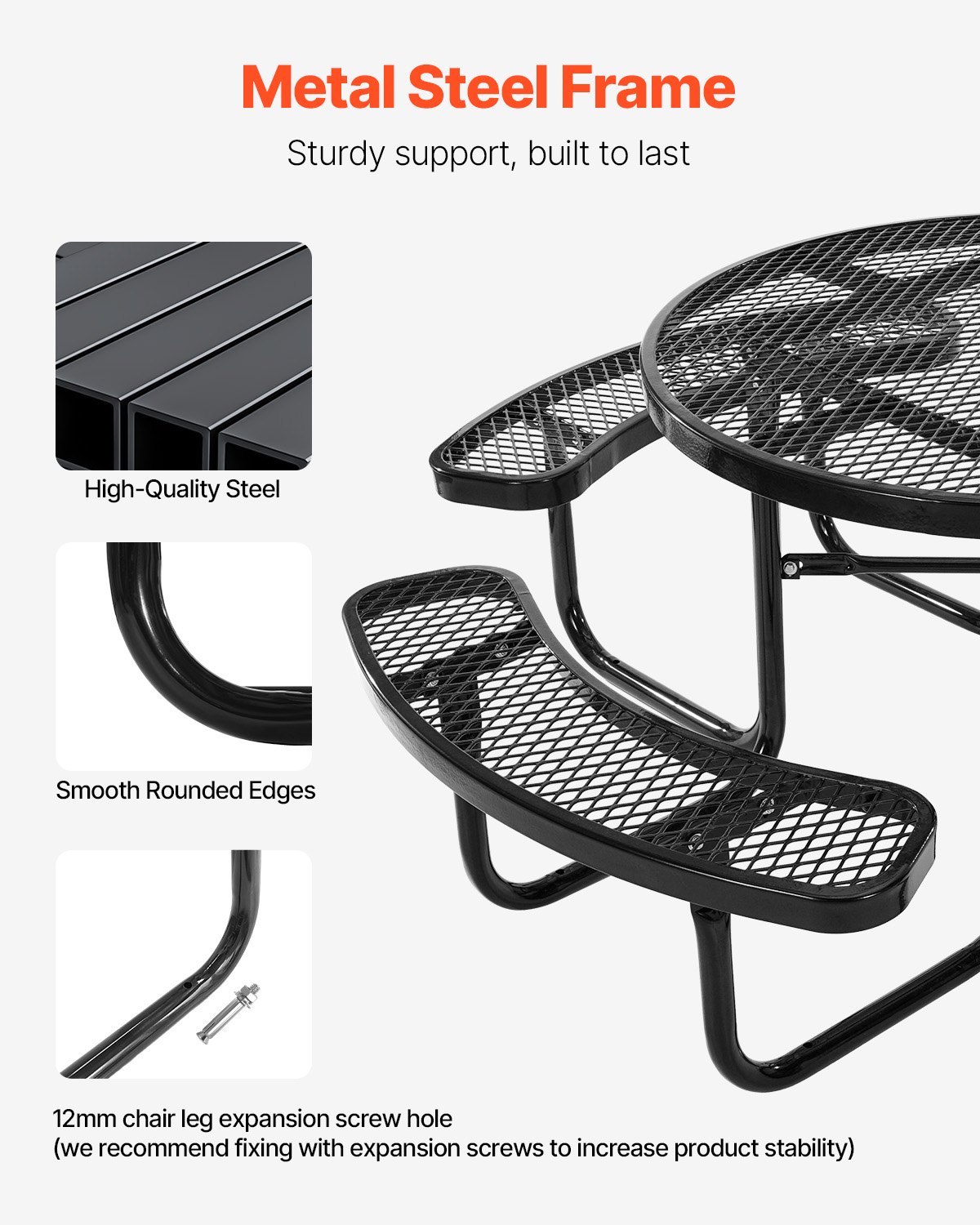 VEVOR Picnic Table (Round) with 4 Benches, Weatherproof Garden Furniture Set for Patio, Coated Steel Tables with Parasol Hole, Garden Set for Backyard Porch (Black)