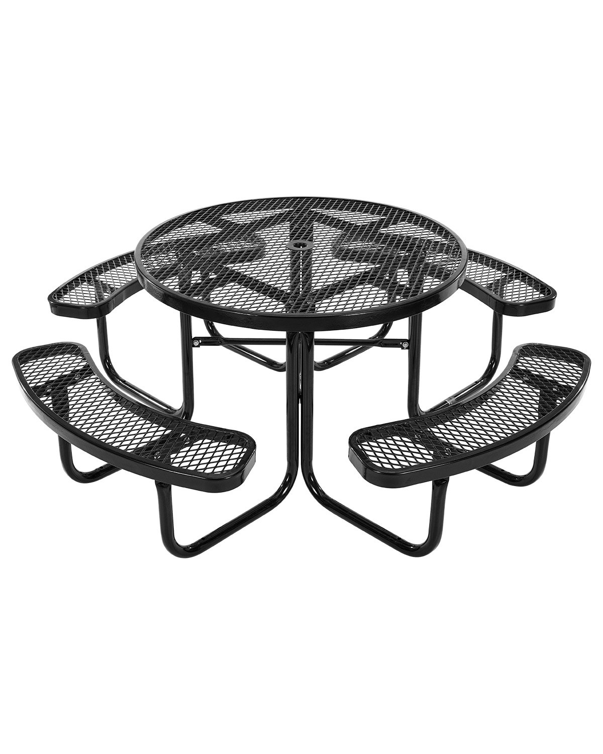 VEVOR Picnic Table (Round) with 4 Benches, Weatherproof Garden Furniture Set for Patio, Coated Steel Tables with Parasol Hole, Garden Set for Backyard Porch (Black)