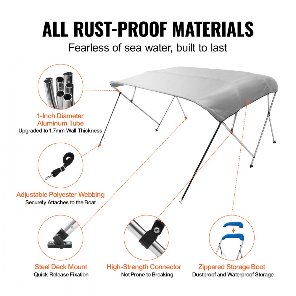 VEVOR Tendalino per Barca a 4 Archi Regolabile 243 x 137 x 231-244 cm, Tenda Parasole Telaio in Lega di Alluminio Tela di Poliestere 900D, Tendalino Tettoia Parasole Pieghevole per Barca a Vela Grigio