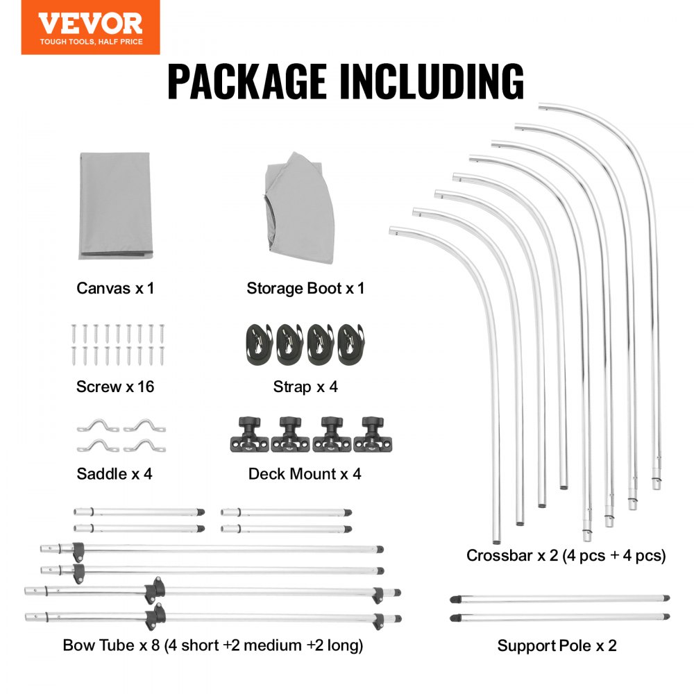 VEVOR Tendalino per Barca a 4 Archi Regolabile 243 x 137 x 231-244 cm, Tenda Parasole Telaio in Lega di Alluminio Tela di Poliestere 900D, Tendalino Tettoia Parasole Pieghevole per Barca a Vela Grigio