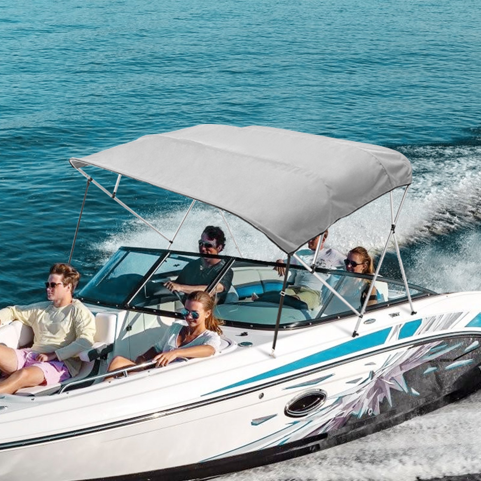 VEVOR Tendalino per Barca a 4 Archi Regolabile 243 x 137 x 231-244 cm, Tenda Parasole Telaio in Lega di Alluminio Tela di Poliestere 900D, Tendalino Tettoia Parasole Pieghevole per Barca a Vela Grigio