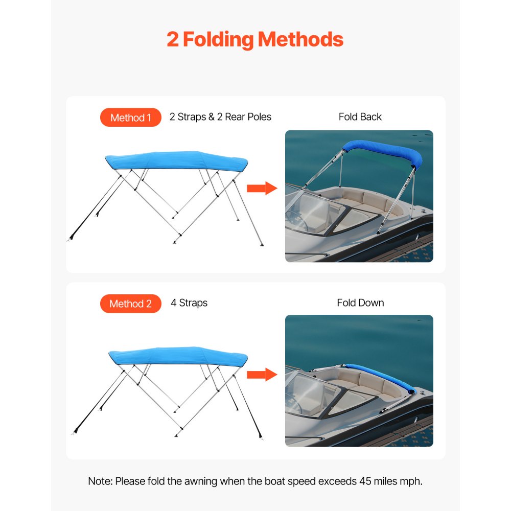 VEVOR Bimini Top Boat Cover Sunshade (4 arches) made of 600D polyester with aluminum alloy frame, waterproof sunshade boat awning with storage bag, 170-183 cm (W) Blue