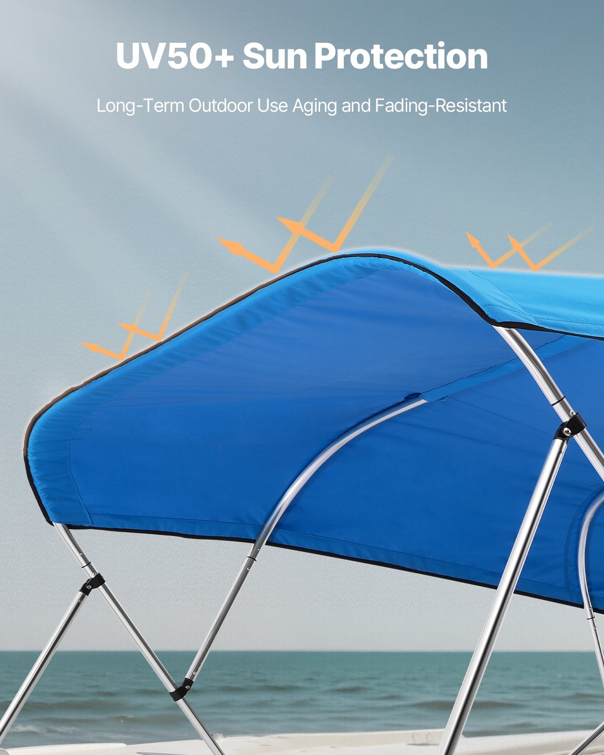 VEVOR Bimini Top Replacement Boat Cover Sunshade (4 arches) made of 600D polyester, waterproof sunshade boat awning with storage bag (without support pole) 231-244 cm (W) Blue