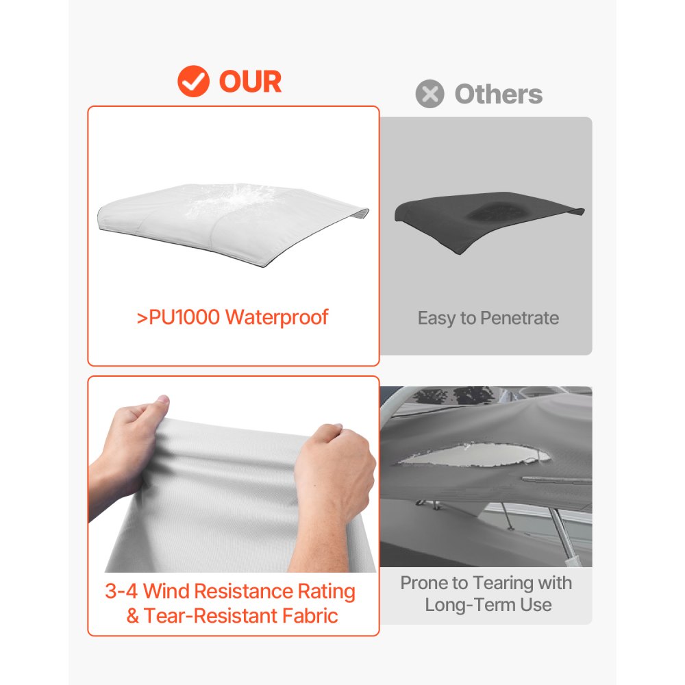 VEVOR Tendalino per Barca a 4 Archi, Parasole in Poliestere 600D con Telaio in Lega di Alluminio, Tettoia Parasole Impermeabile con Borsa Portaoggetti, Larghezza 241 a 262 cm Grigio Chiaro