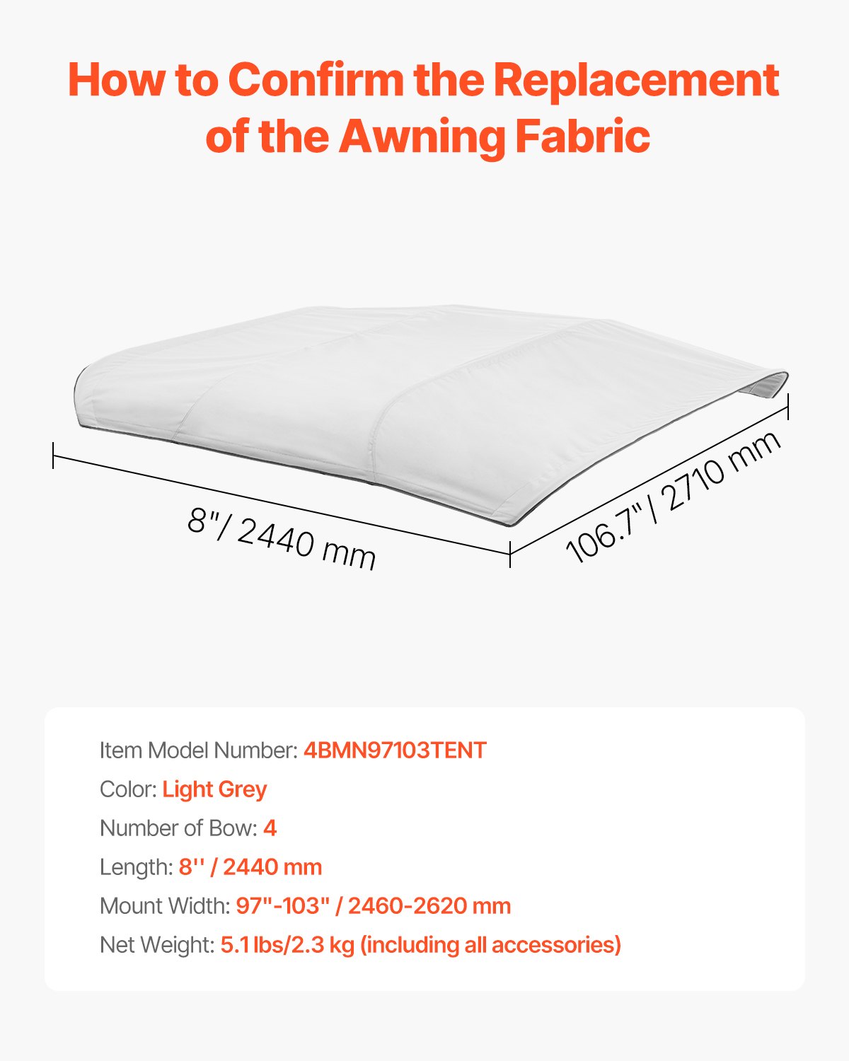 VEVOR Bimini Top Replacement Boat Cover Sunshade (4 arches) made of 600D polyester, waterproof sunshade boat awning with storage bag (without support pole) 241-262 cm (W) Light Grey