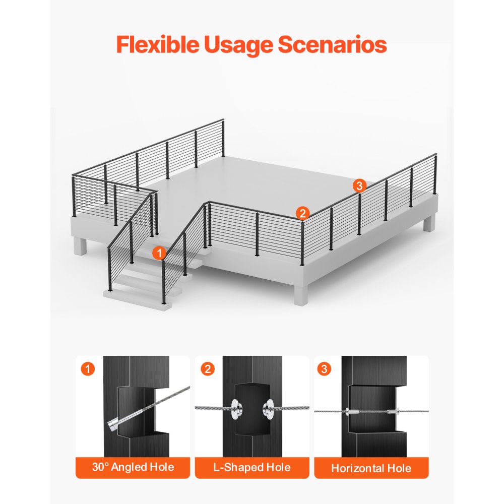VEVOR 4-pack cable railing posts, 106.7x3x5cm deck railing posts with horizontal & pre-drilled holes, SUS304, with horizontal & curved bracket, black, 4JZLGZXHS106REP67001V0