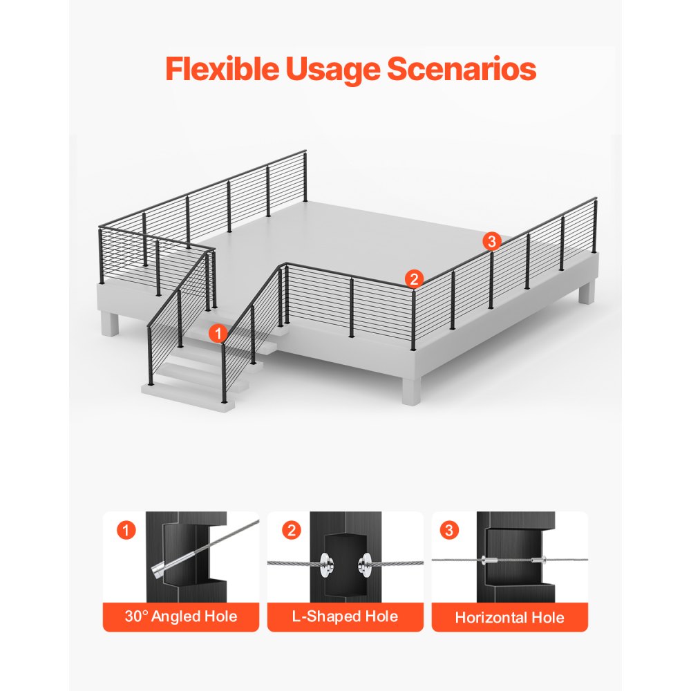 VEVOR Cable Railing Post, Pack of 4, 1067x50.8x50.8 mm, Pre-drilled Horizontal Hole, Stainless Steel SUS304, Curved Horizontal Bracket, for Handrail, Balustrade, Black, 4JZLGZXHS106URZU0001V0