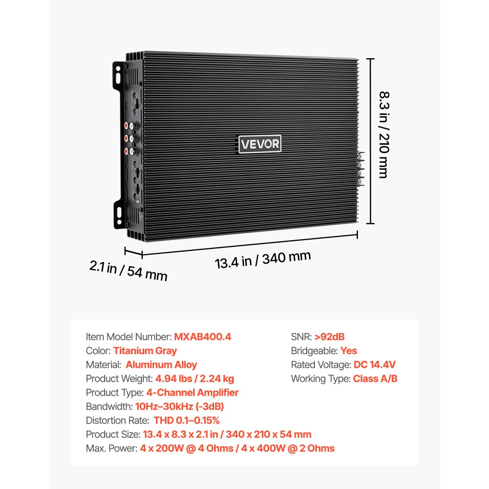 VEVOR Amplificatore Audio per Auto a 4 Canali di Potenza a Ponte Classe AB max. 4x200 W a 4 Ohm/4x400 W a 2Ohm, Amplificatore Audio Multicanale per SUP Pick-Up Tensione Nominale 14,4V CC
