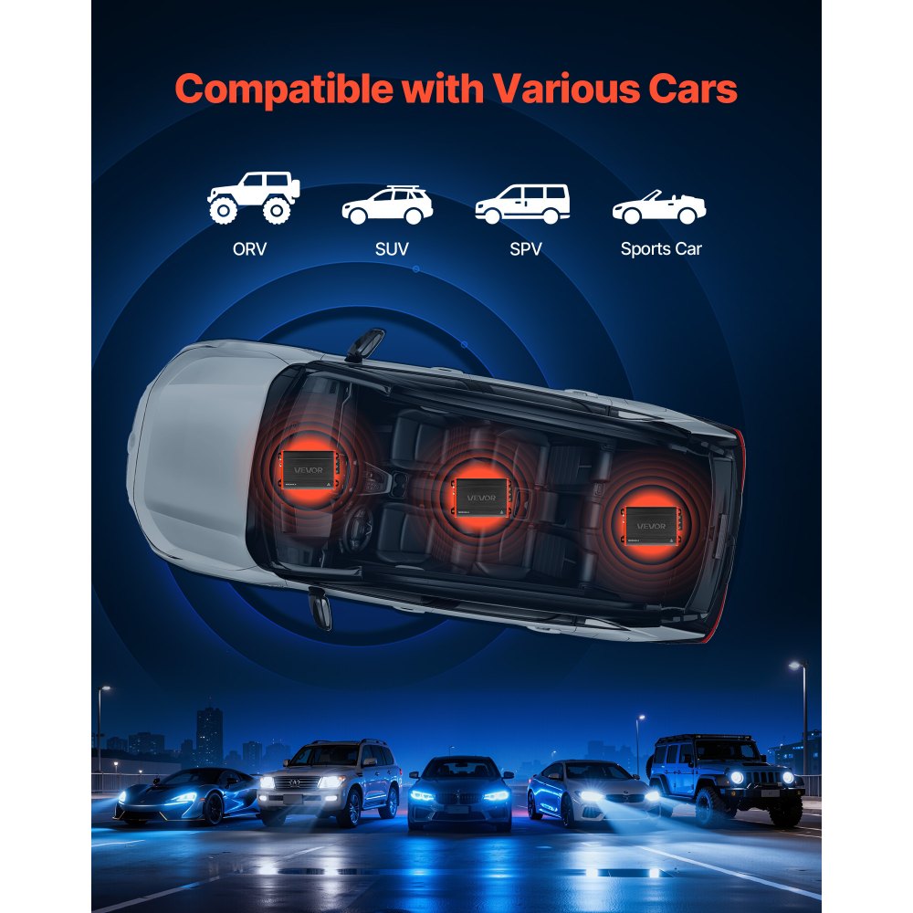 VEVOR Amplificatore Audio Multicanale per Auto a 4 Canali, Amplificatore a Ponte di Classe D max. 4x120 W a 4 Ohm/4x200 W a 2 Ohm Tensione Nominale 14,4 V CC Larghezza Banda 10 Hz–30 kHz per Auto SUV