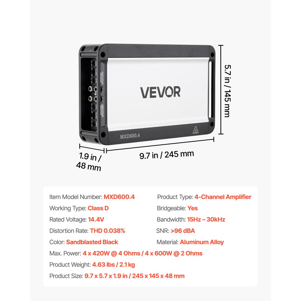 VEVOR Amplificatore Audio per Auto a 4 Canali Potenza a Ponte di Classe D max. 4x420 W a 4 Ohm/4x 600 W a 2 Ohm, Amplificatore per Veicoli Multicanale 14,4V CC Larghezza di Banda 15 Hz-30 kHz