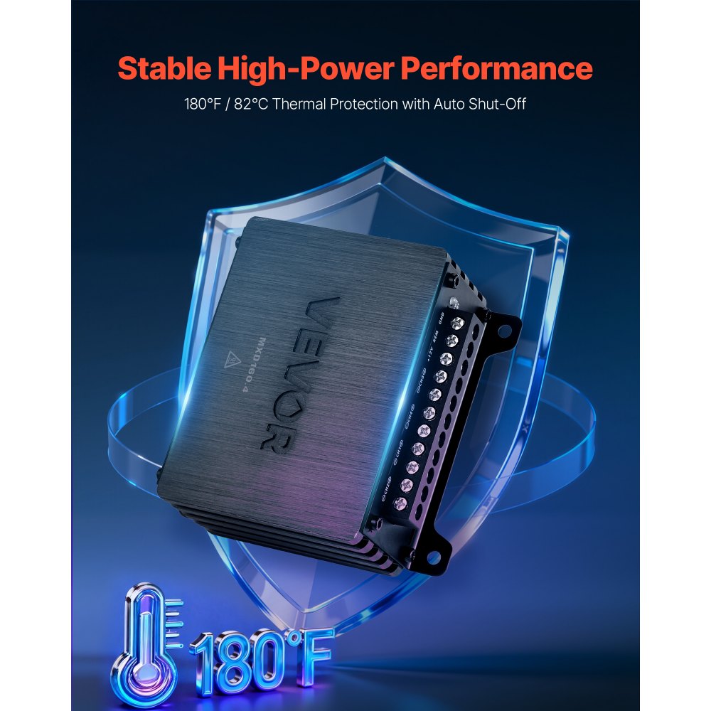 VEVOR Amplificatore Audio per Auto a 4 Canali Amplificatore a Ponte di Classe D max. 4x110 W a 4 Ohm/4x160 W a 2 Ohm, Tensione Nominale 14,4V CC Larghezza di Banda 10 Hz-30 kHz per Veicoli SUV