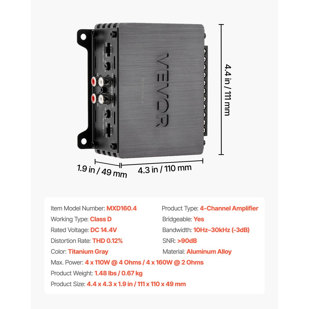 VEVOR Amplificatore Audio per Auto a 4 Canali Amplificatore a Ponte di Classe D max. 4x110 W a 4 Ohm/4x160 W a 2 Ohm, Tensione Nominale 14,4V CC Larghezza di Banda 10 Hz-30 kHz per Veicoli SUV