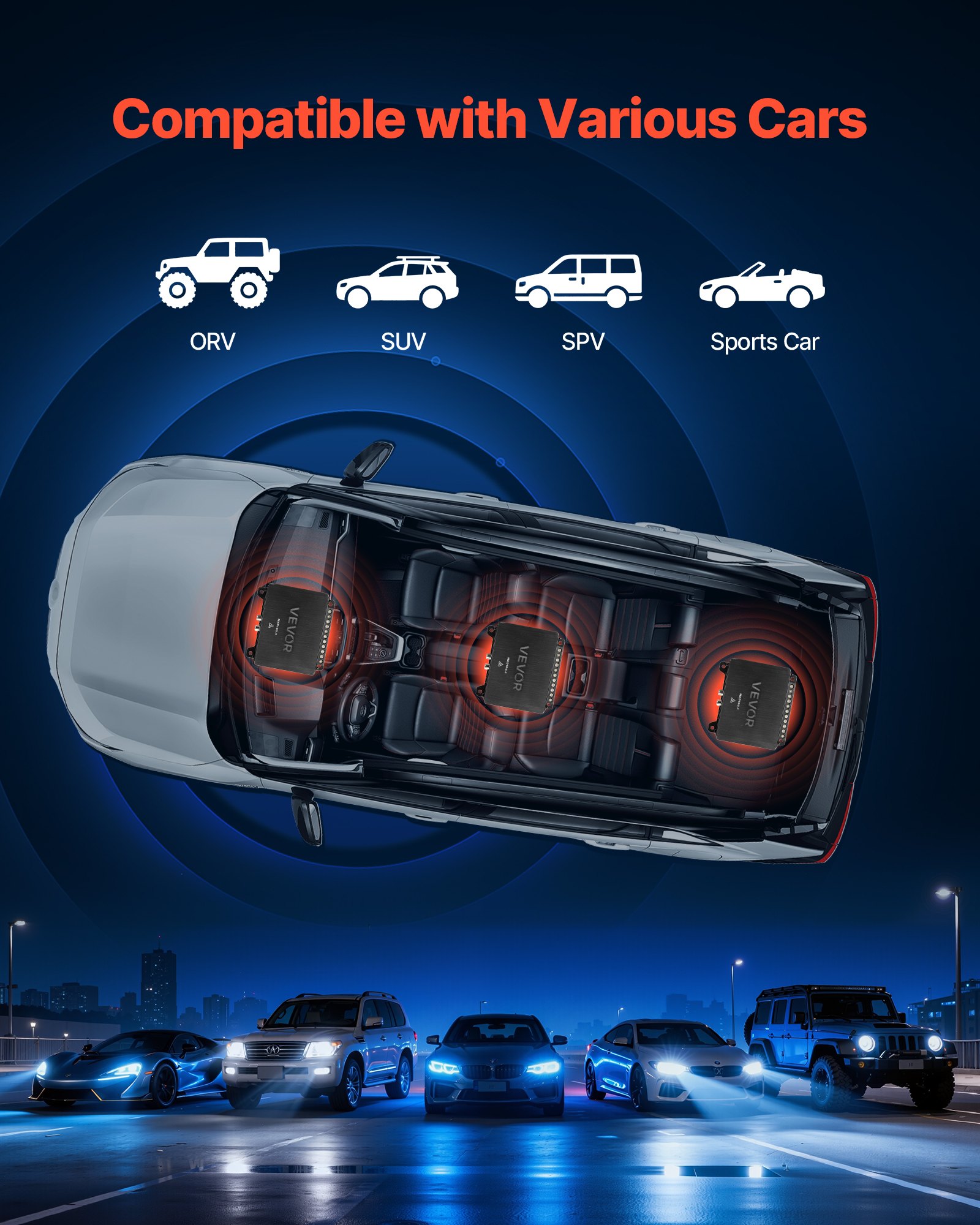 VEVOR Amplificatore Audio per Auto a 4 Canali Amplificatore a Ponte di Classe D max. 4x110 W a 4 Ohm/4x160 W a 2 Ohm, Tensione Nominale 14,4V CC Larghezza di Banda 10 Hz-30 kHz per Veicoli SUV