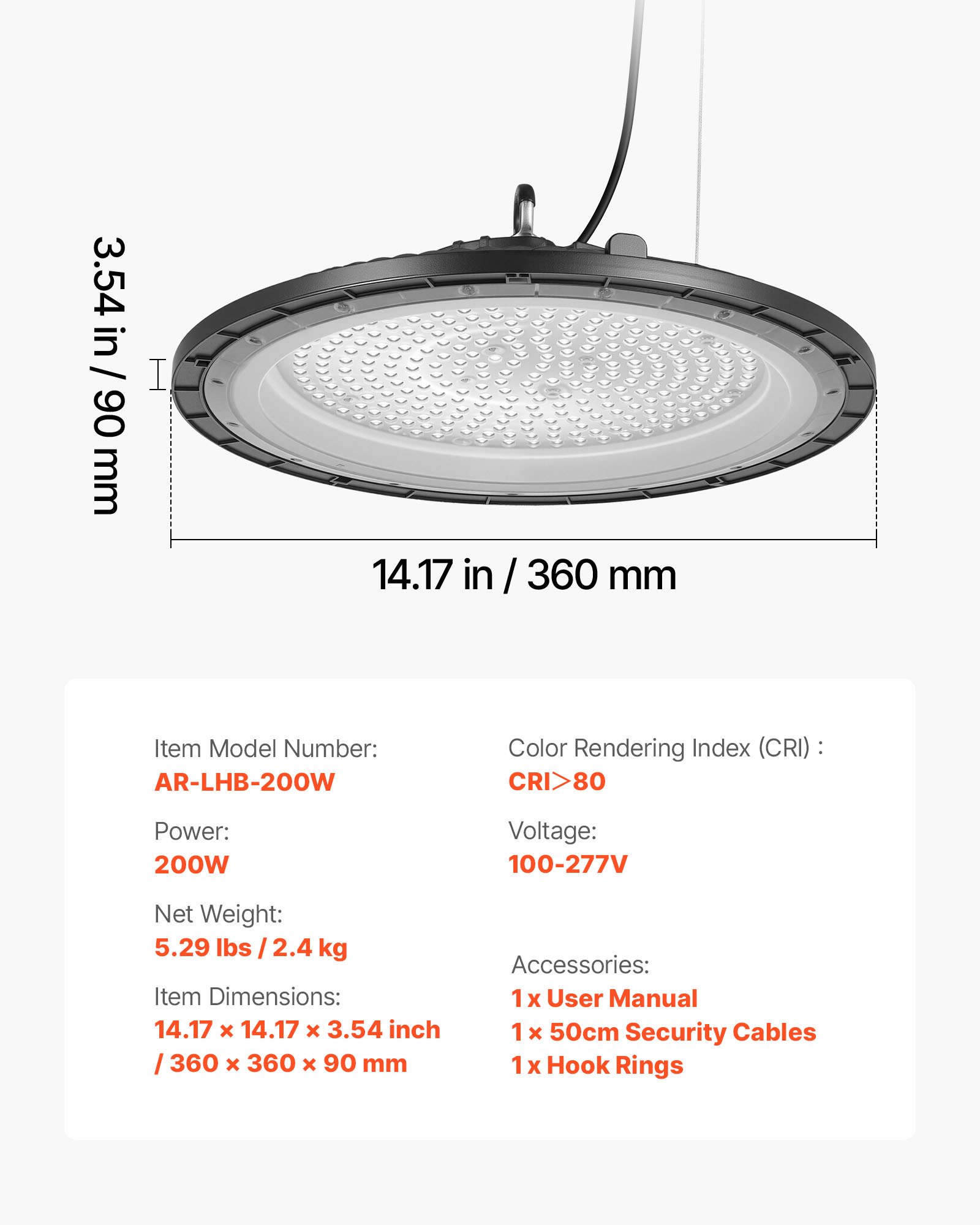 VEVOR Lampada LED per Capannone Faretto LED UFO per Garage 5000K 200W 30000LM Faretto LED UFO per Magazzini, Officina IP65 Impermeabili, Tensione 100-277V per Fabbriche, Fienile, Nero