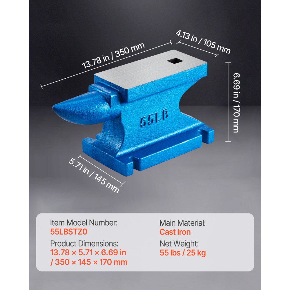 VEVOR Single Horn Anvil 25kg Cast Iron Anvil, withstands heavy blows, robust round horn anvil, blacksmithing tool for jewelers and metalworkers, blacksmithing tools and equipment