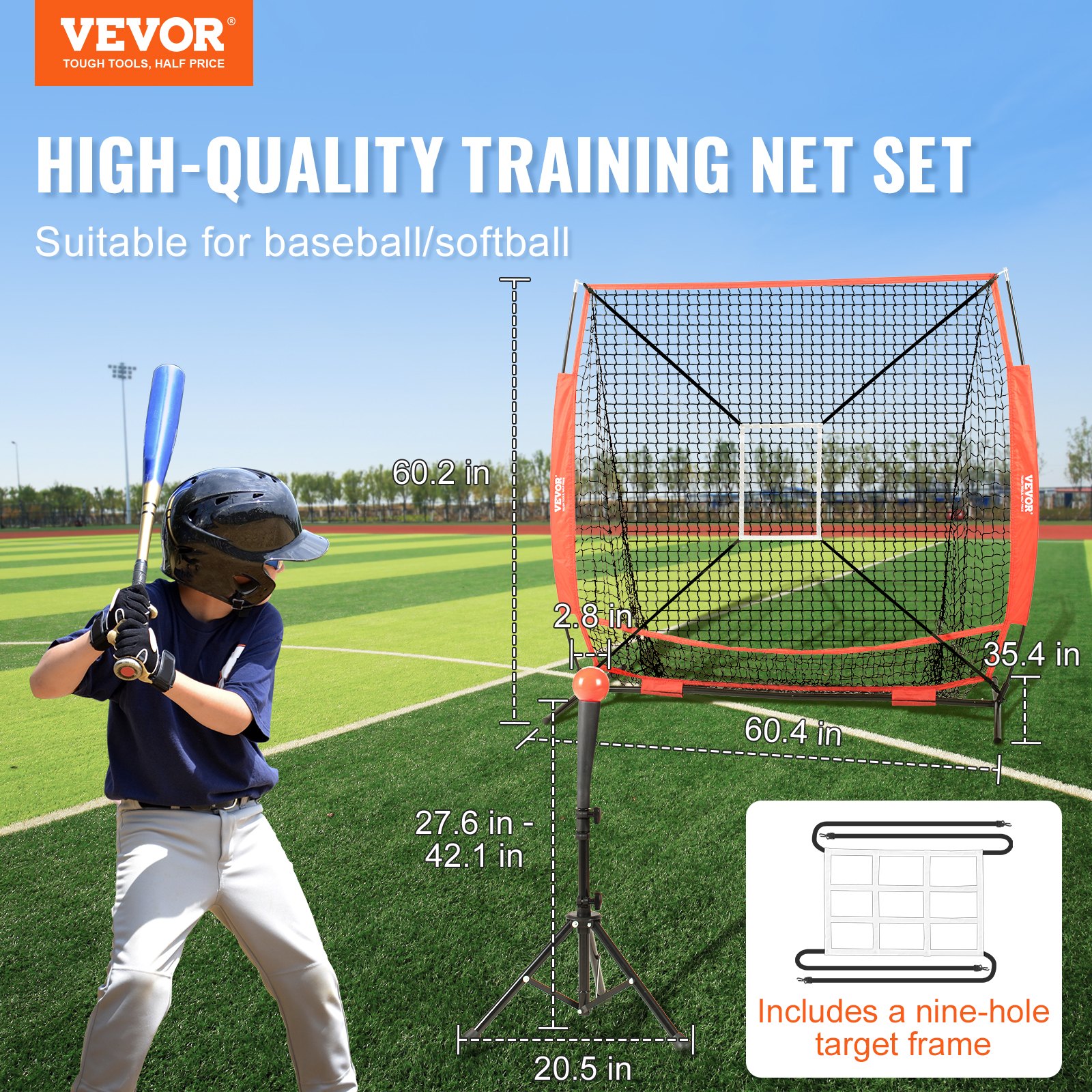 VEVOR Rete per Lanci Battute di Baseball 153,4x90x153cm, Rete da Lanci di Baseball Softball in Poliestere Adulti Adolescenti Unisex, Borsa Portatile in 600D, Rete Battute per Allenamento Colore Rosso