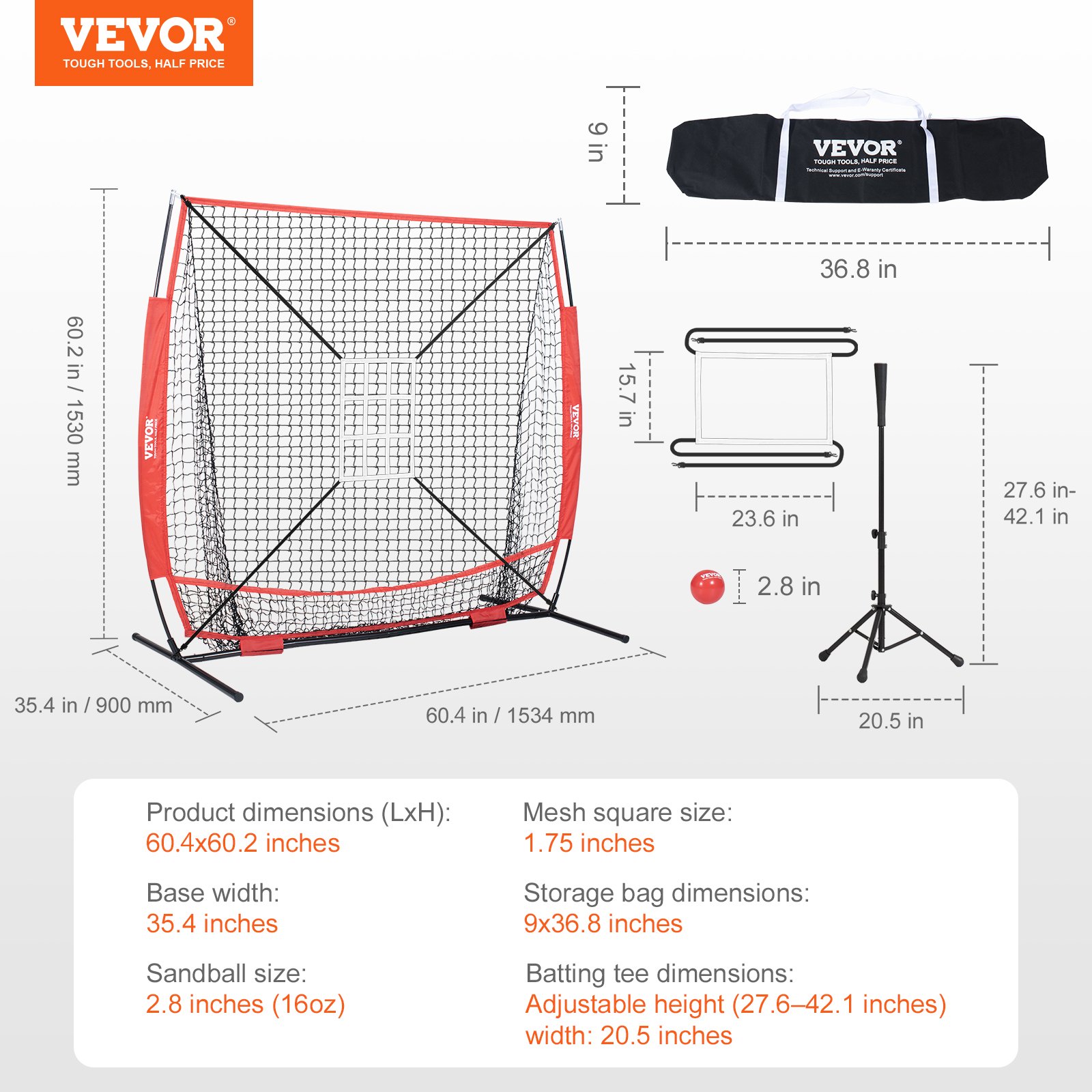 VEVOR Rete per Lanci Battute di Baseball 153,4x90x153cm, Rete da Lanci di Baseball Softball in Poliestere Adulti Adolescenti Unisex, Borsa Portatile in 600D, Rete Battute per Allenamento Colore Rosso