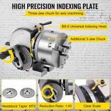 VEVOR Testa di Divisione  BS-0 con Contropunta a 3 Ganasce, Testa Splitter MT2 con Mandrino da 125 mm, Testa Splitter da 23 kg, Altezza del Centro di Indicizzazione 100 mm con Piastre